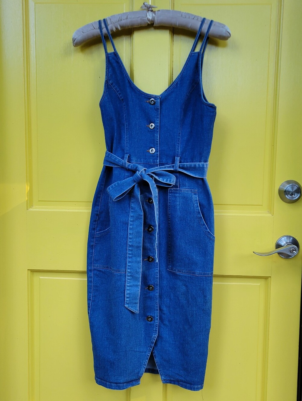 Vintage Denim Button Front Tie Waist Midi Dress 90s Chic
